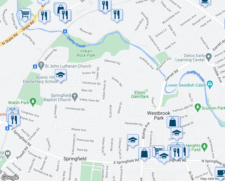 map of restaurants, bars, coffee shops, grocery stores, and more near 534 Claremont Road in Springfield