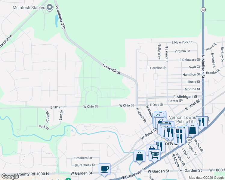 map of restaurants, bars, coffee shops, grocery stores, and more near 244 Noel Lane in Fortville