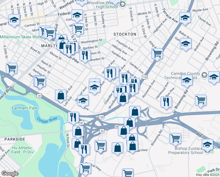 map of restaurants, bars, coffee shops, grocery stores, and more near 6828 Highland Avenue in Pennsauken Township