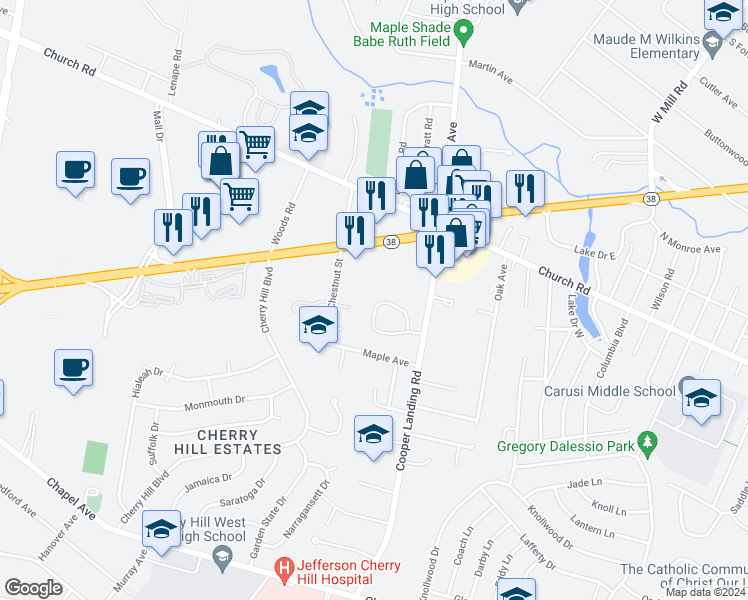 map of restaurants, bars, coffee shops, grocery stores, and more near 12 Beekman Place in Cherry Hill