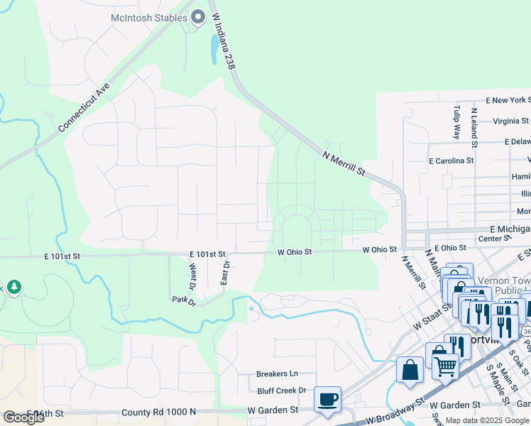 map of restaurants, bars, coffee shops, grocery stores, and more near 501 W Ohio St in Fortville