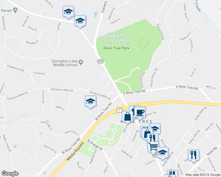 map of restaurants, bars, coffee shops, grocery stores, and more near 4 Fox Lair Village in Media