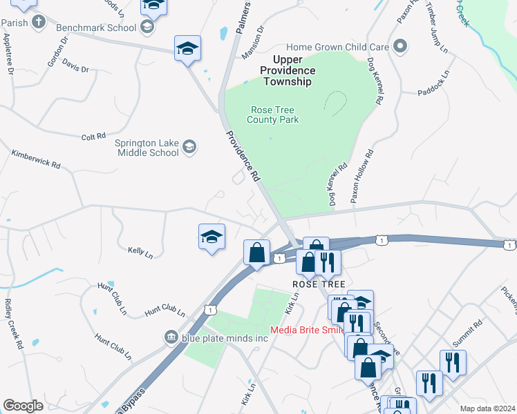 map of restaurants, bars, coffee shops, grocery stores, and more near 4 Fox Lair Village in Media