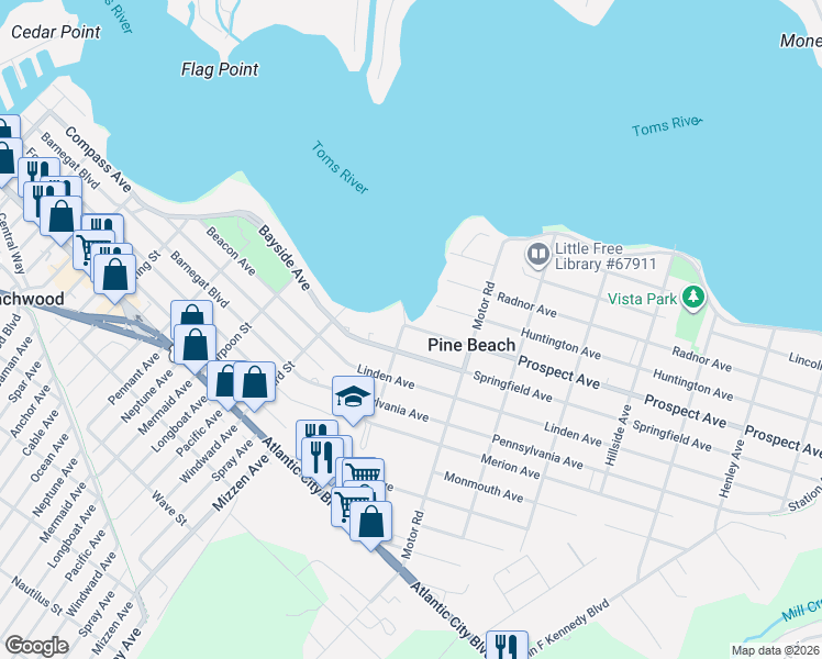 map of restaurants, bars, coffee shops, grocery stores, and more near 228 Springfield Avenue in Pine Beach