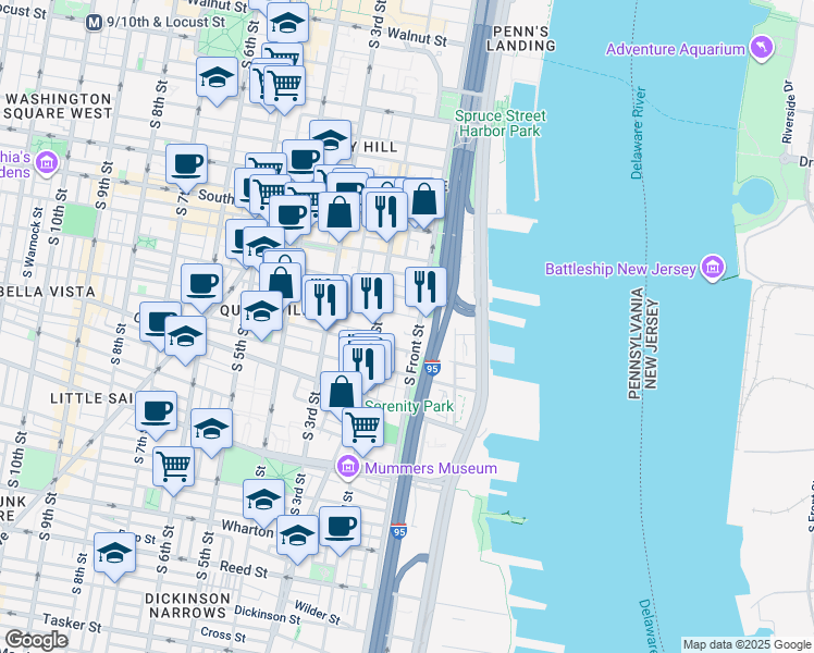 map of restaurants, bars, coffee shops, grocery stores, and more near 770 South Front Street in Philadelphia
