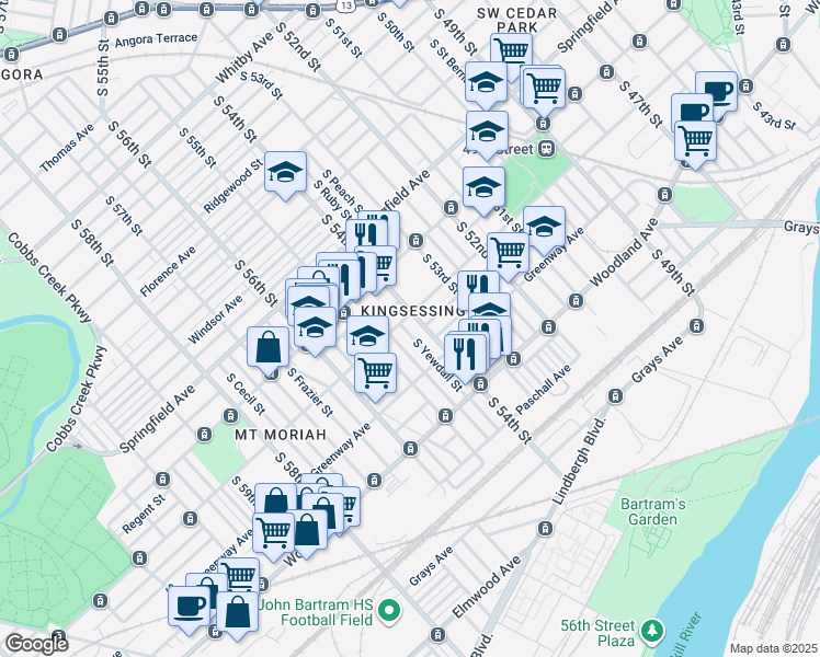map of restaurants, bars, coffee shops, grocery stores, and more near 1611 South Yewdall Street in Philadelphia