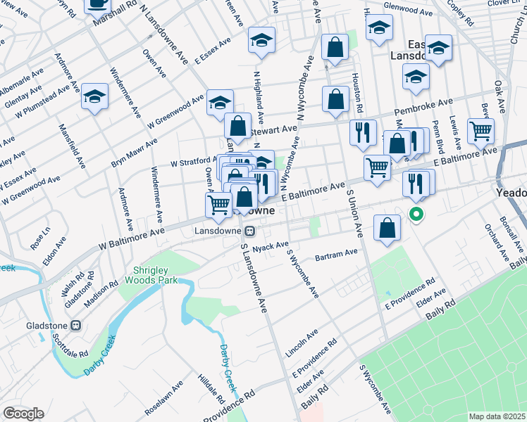 map of restaurants, bars, coffee shops, grocery stores, and more near 18 South Highland Avenue in Lansdowne