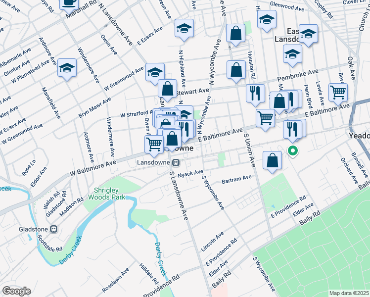 map of restaurants, bars, coffee shops, grocery stores, and more near 18 South Highland Avenue in Lansdowne