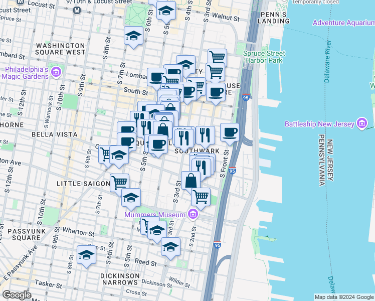 map of restaurants, bars, coffee shops, grocery stores, and more near 250 Fulton Street in Philadelphia