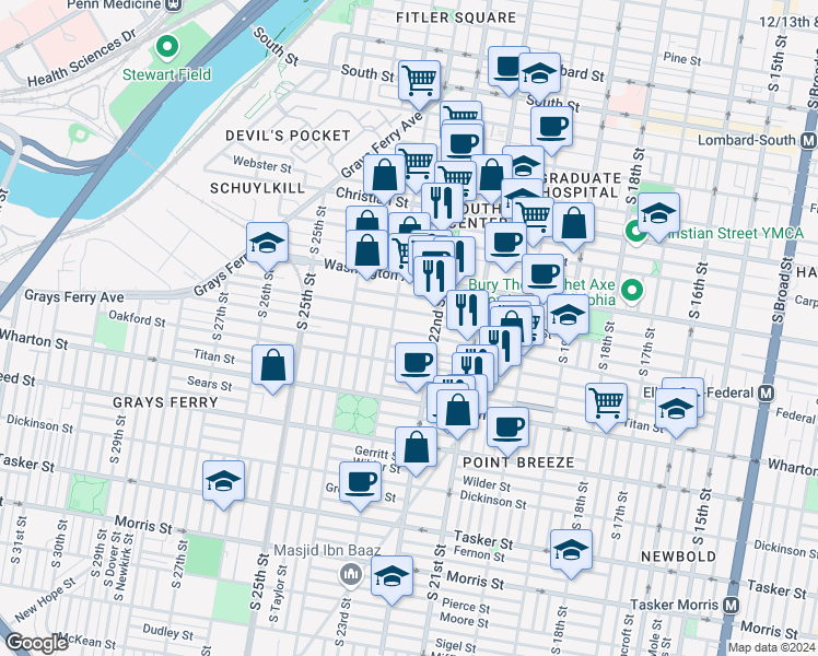 map of restaurants, bars, coffee shops, grocery stores, and more near 2231 Federal Street in Philadelphia