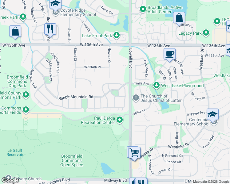 map of restaurants, bars, coffee shops, grocery stores, and more near Glacier Rim Trail in Broomfield