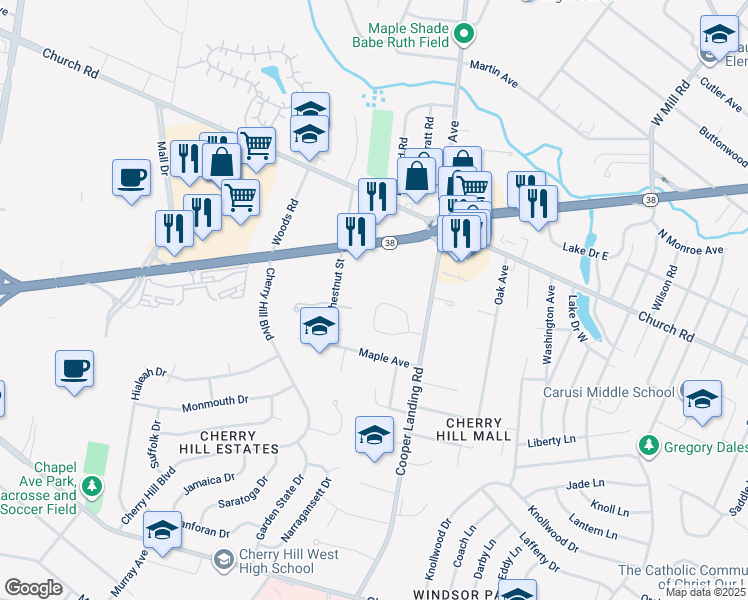 map of restaurants, bars, coffee shops, grocery stores, and more near 12 Beekman Place in Cherry Hill