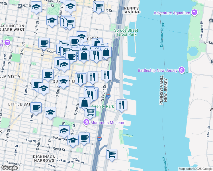 map of restaurants, bars, coffee shops, grocery stores, and more near 765 South Front Street in Philadelphia