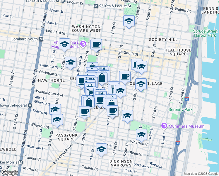 map of restaurants, bars, coffee shops, grocery stores, and more near 718 Christian Street in Philadelphia