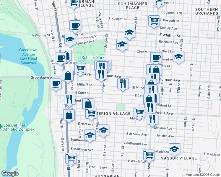 map of restaurants, bars, coffee shops, grocery stores, and more near 252 East Gates Street in Columbus