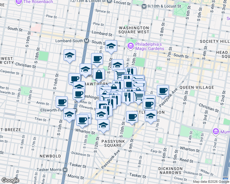 map of restaurants, bars, coffee shops, grocery stores, and more near in Philadelphia