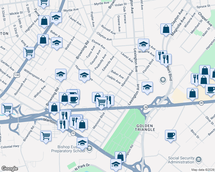 map of restaurants, bars, coffee shops, grocery stores, and more near 5323 Homestead Avenue in Pennsauken Township