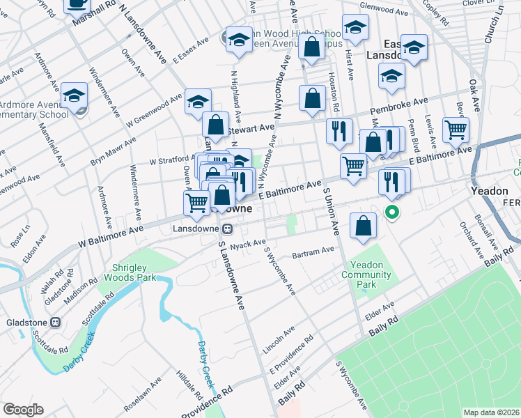 map of restaurants, bars, coffee shops, grocery stores, and more near 30 South Wycombe Avenue in Lansdowne