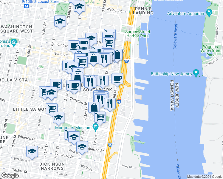 map of restaurants, bars, coffee shops, grocery stores, and more near 770 South Front Street in Philadelphia