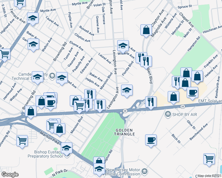 map of restaurants, bars, coffee shops, grocery stores, and more near 5436 Baker Avenue in Pennsauken Township