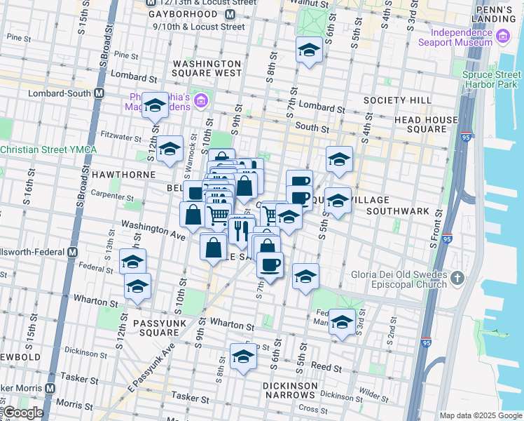 map of restaurants, bars, coffee shops, grocery stores, and more near 720 Christian Street in Philadelphia