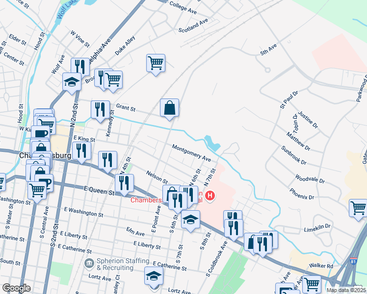 map of restaurants, bars, coffee shops, grocery stores, and more near 541 Montgomery Avenue in Chambersburg