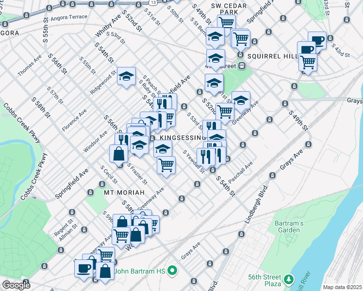 map of restaurants, bars, coffee shops, grocery stores, and more near 1628 South Conestoga Street in Philadelphia