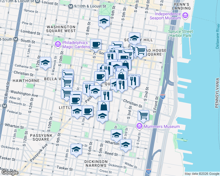 map of restaurants, bars, coffee shops, grocery stores, and more near 814 South 5th Street in Philadelphia