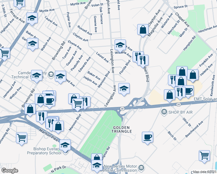 map of restaurants, bars, coffee shops, grocery stores, and more near 5436 Baker Avenue in Pennsauken Township