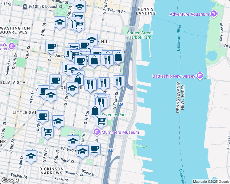 map of restaurants, bars, coffee shops, grocery stores, and more near 768 South Front Street in Philadelphia