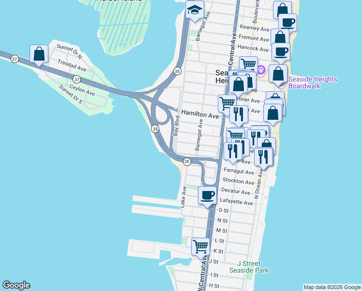 map of restaurants, bars, coffee shops, grocery stores, and more near 318 Porter Avenue in Seaside Heights