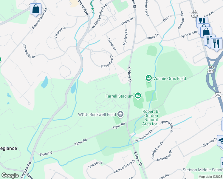 map of restaurants, bars, coffee shops, grocery stores, and more near 837 South Campus Drive in West Chester