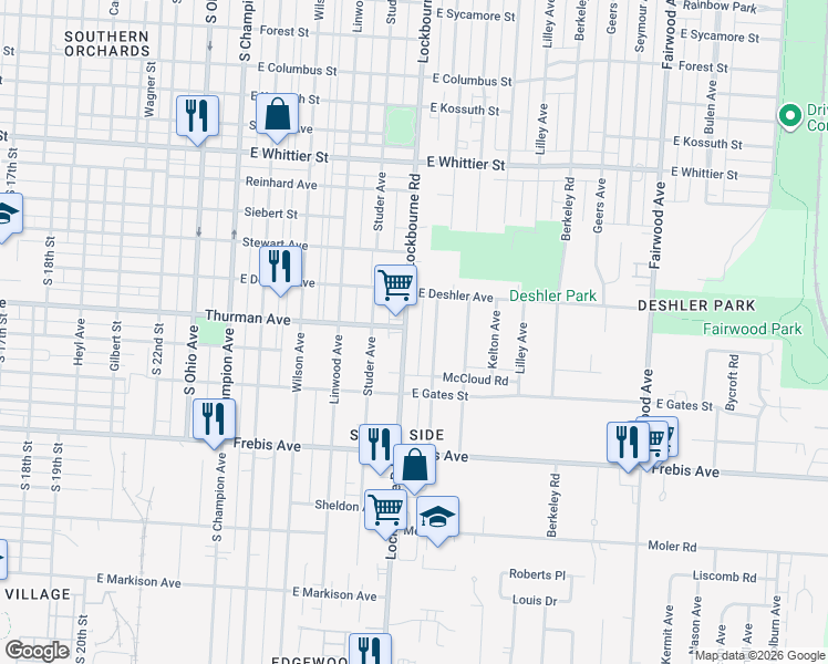 map of restaurants, bars, coffee shops, grocery stores, and more near 1383 Miller Avenue in Columbus