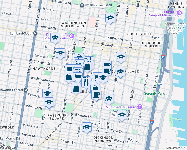 map of restaurants, bars, coffee shops, grocery stores, and more near 720 Christian Street in Philadelphia