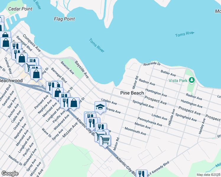 map of restaurants, bars, coffee shops, grocery stores, and more near 501 Monument Road in Pine Beach