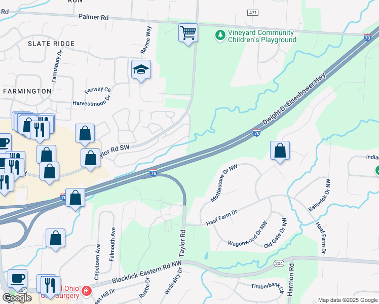 map of restaurants, bars, coffee shops, grocery stores, and more near Interstate 70 in Pickerington