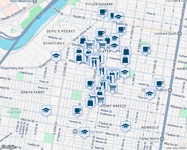 map of restaurants, bars, coffee shops, grocery stores, and more near 1134 South 22nd Street in Philadelphia