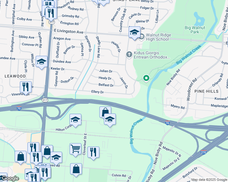 map of restaurants, bars, coffee shops, grocery stores, and more near 4683 Ellery Drive in Columbus
