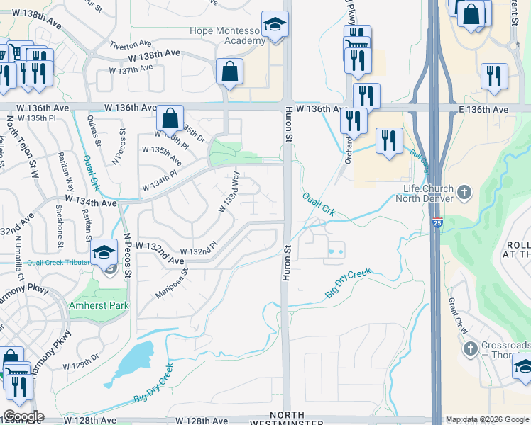 map of restaurants, bars, coffee shops, grocery stores, and more near 860 West 132nd Avenue in Westminster