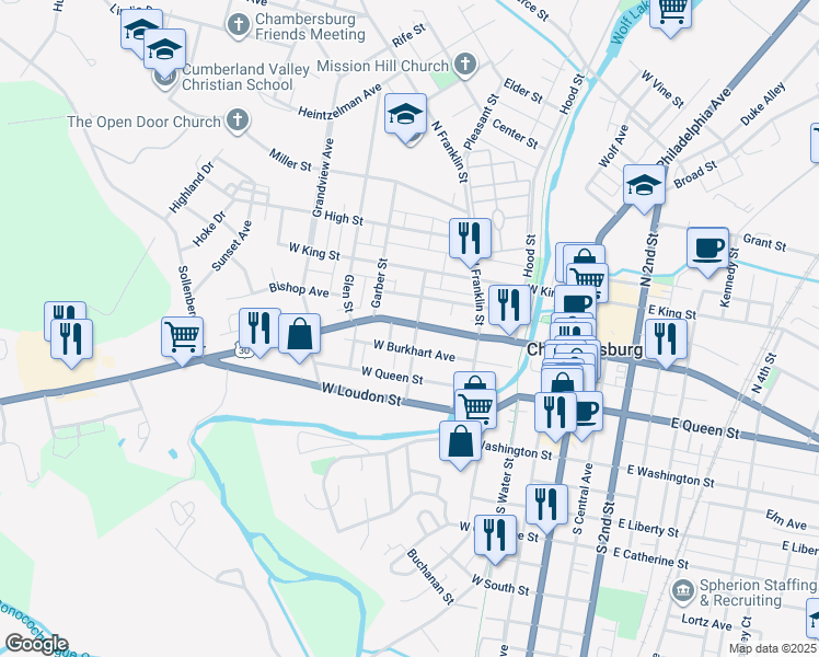 map of restaurants, bars, coffee shops, grocery stores, and more near 308 Lincoln Way West in Chambersburg