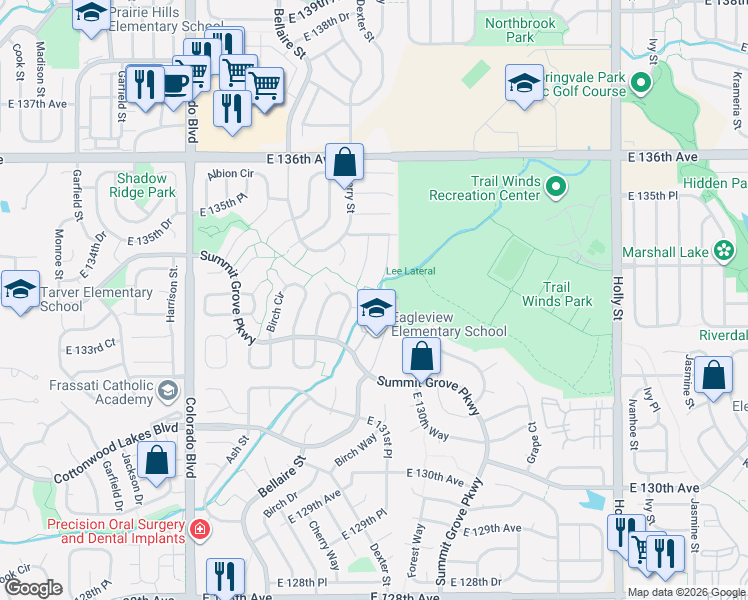 map of restaurants, bars, coffee shops, grocery stores, and more near 13372 Cherry Way in Thornton
