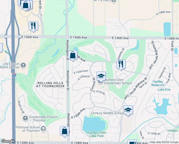 map of restaurants, bars, coffee shops, grocery stores, and more near 938 East 132nd Drive in Thornton
