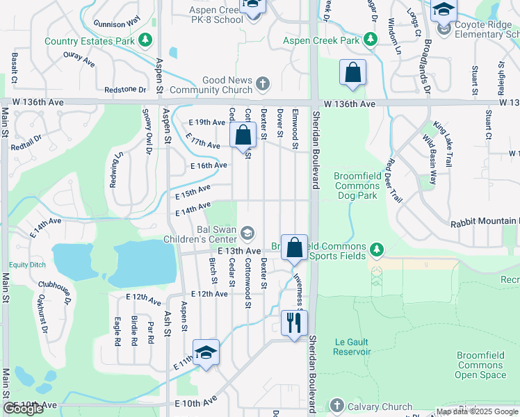 map of restaurants, bars, coffee shops, grocery stores, and more near 1346 Dexter Street in Broomfield