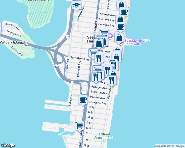 map of restaurants, bars, coffee shops, grocery stores, and more near 138 Porter Avenue in Seaside Heights