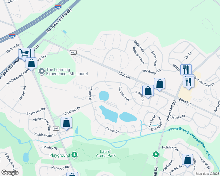 map of restaurants, bars, coffee shops, grocery stores, and more near 21B East Daisy Lane in Mount Laurel Township
