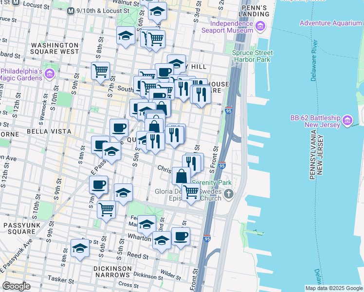 map of restaurants, bars, coffee shops, grocery stores, and more near 212 Catharine Street in Philadelphia