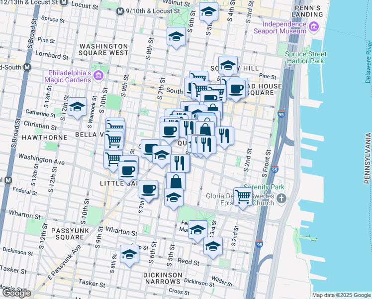 map of restaurants, bars, coffee shops, grocery stores, and more near 441 Christian Street in Philadelphia