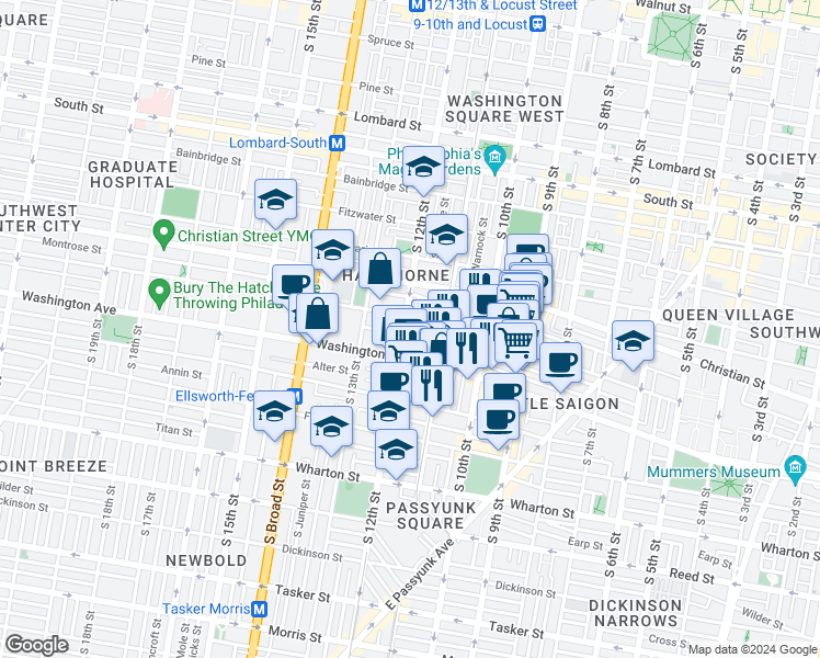map of restaurants, bars, coffee shops, grocery stores, and more near in Philadelphia