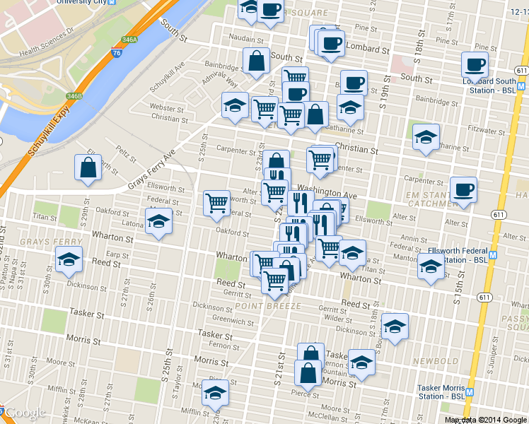 map of restaurants, bars, coffee shops, grocery stores, and more near in Philadelphia