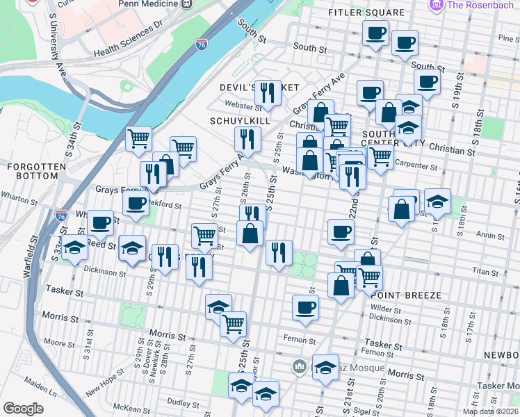 map of restaurants, bars, coffee shops, grocery stores, and more near 2536 Oakford Street in Philadelphia